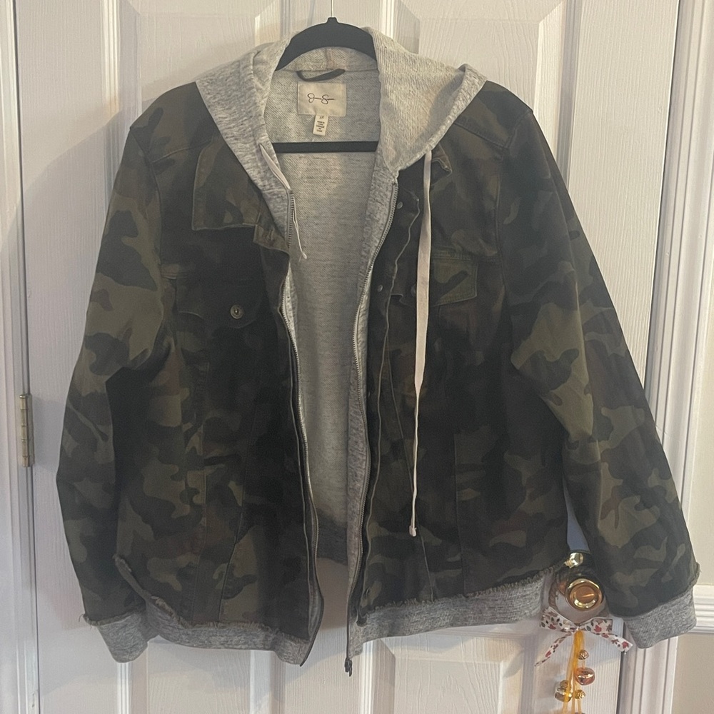 Jessica Simpson Trendy Plus Size Camo-Print Hoodie Jean Jacket